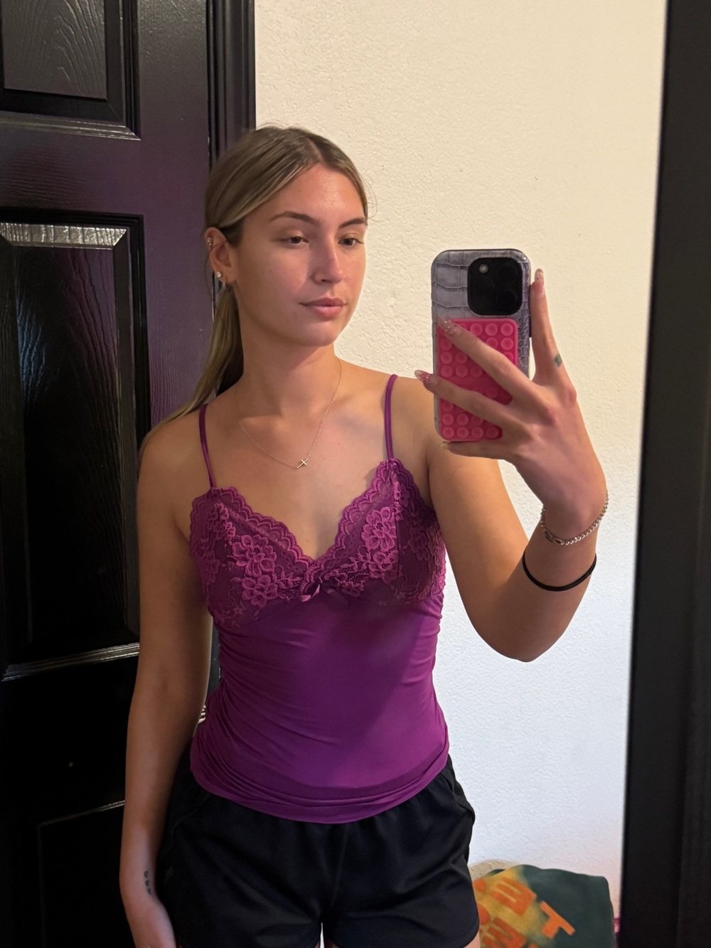 Lace Trim Spaghetti Strap Cami in Deep Magenta
